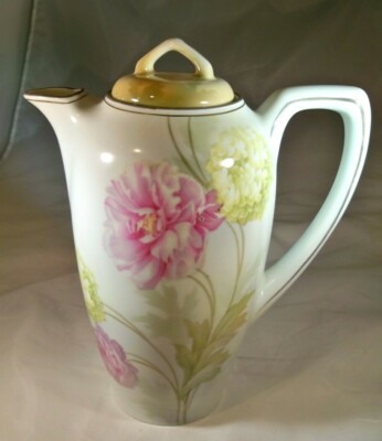 RS GERMANY MARKED  COFFEE POT & LID DECORATIONS of PINK PEONIES WHITE HYDRANGEA!