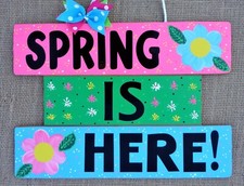 Spring is Here Easter ONE-PIECE Slatted SIGN WALL ART DOOR HANGER PLAQUE