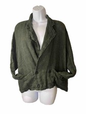 Flax Linen Button Jacket Sz M Green Pockets Waffle Knit Lagenlook Relaxed Artsy