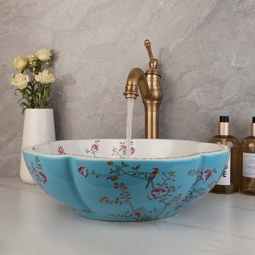 Blue White Bathroom Vessel Sink 16" Flower Bird Ceramic Bowl With Faucet + Drain - Picture 2 of 13