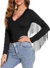 Peach Love California Long Sleeve Bodysuit Black Fringe Fringed Sz Medium Large