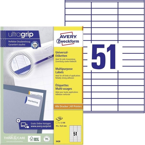 Avery Zweckform 3420 Universal Etiketten (5.100 Klebeetiketten, 70X16,9Mm Auf A4-image