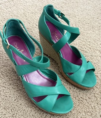 Cole Haan Green Leather Strap Espadrille  High Platform Wedges 8 1/2 Nice