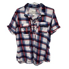 FLANNEL-LIKE RED WHITE BLUE PLAID LACE-UP TOP, L, CHEST 40, LENGTH 27