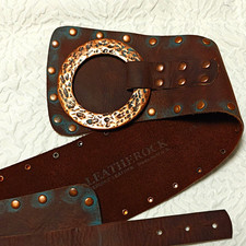 LEATHEROCK Wide Brown New Leather Studded Belt Buckle Brass M 34-35 USA