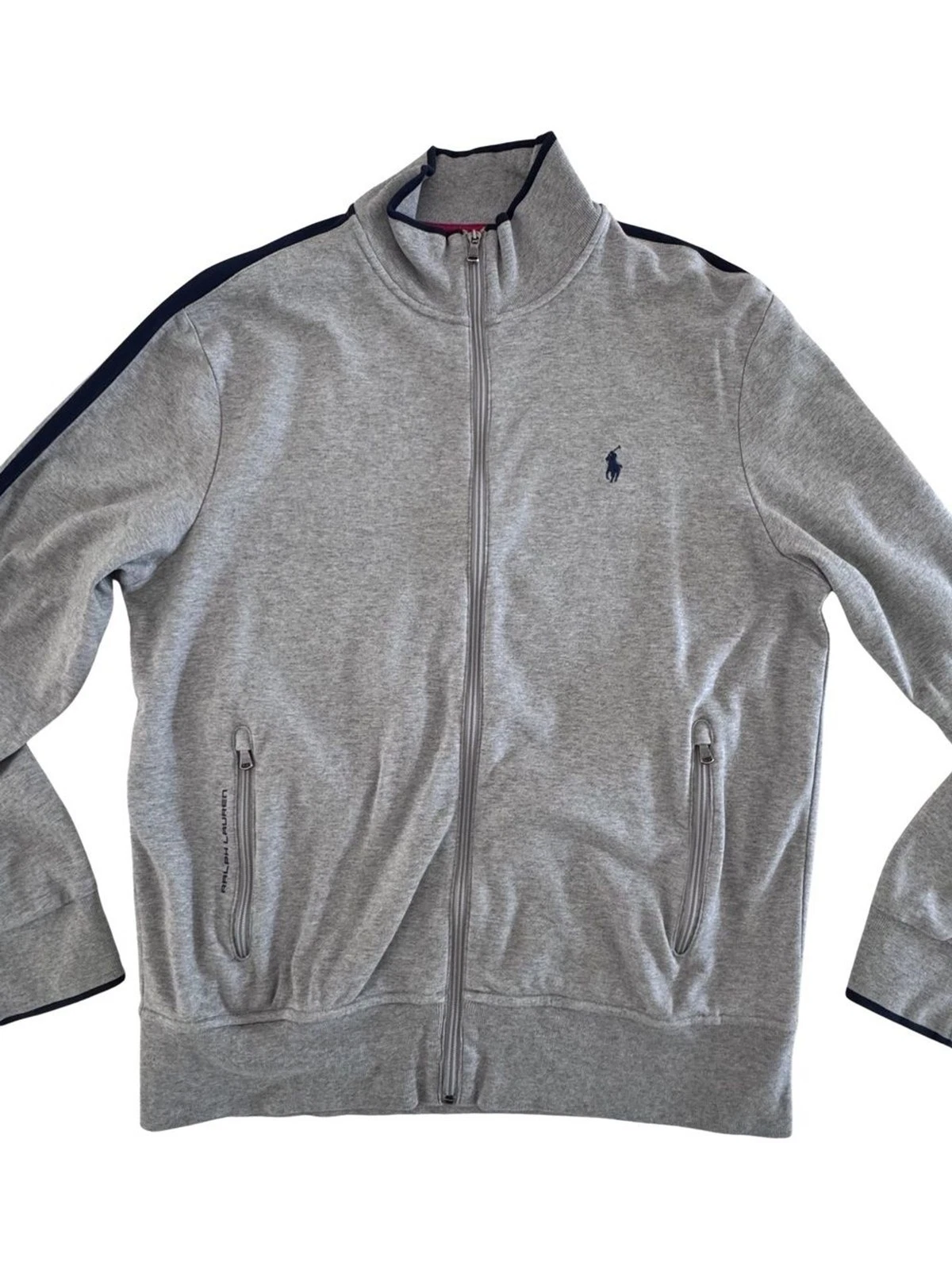 Polo Ralph Lauren Mens L Gray Cotton Full Zip Track Jacket Navy Stripe