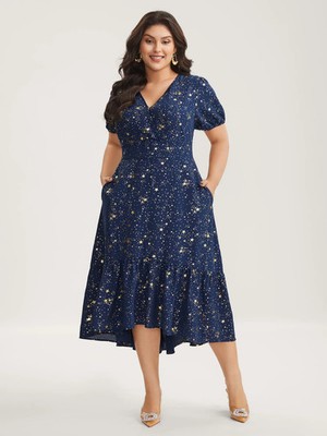 BloomChic Plus Size 22 24 Navy Gold Starry Sequins Ruffled Hem 50in Midi Dress