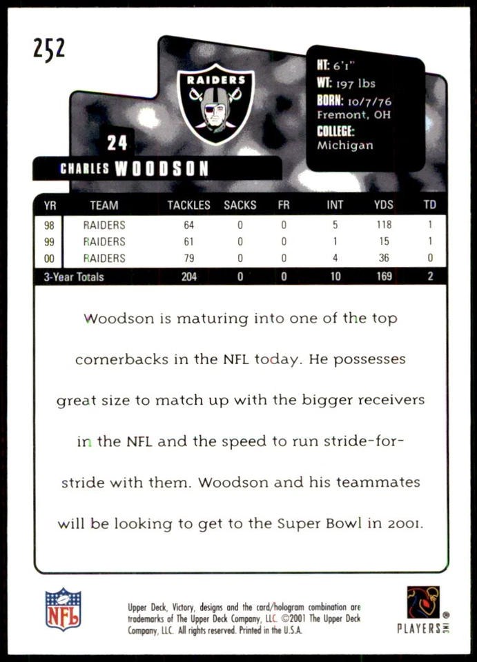 Charles Woodson 2001 Upper Deck Victory #252 Raiders NFL READ FREE SHIPPING - Image 2 of 2