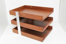 Bandeja organizadora de escritorio vintage MCM Mid Century moderna de madera y metal de 3 niveles accesorio