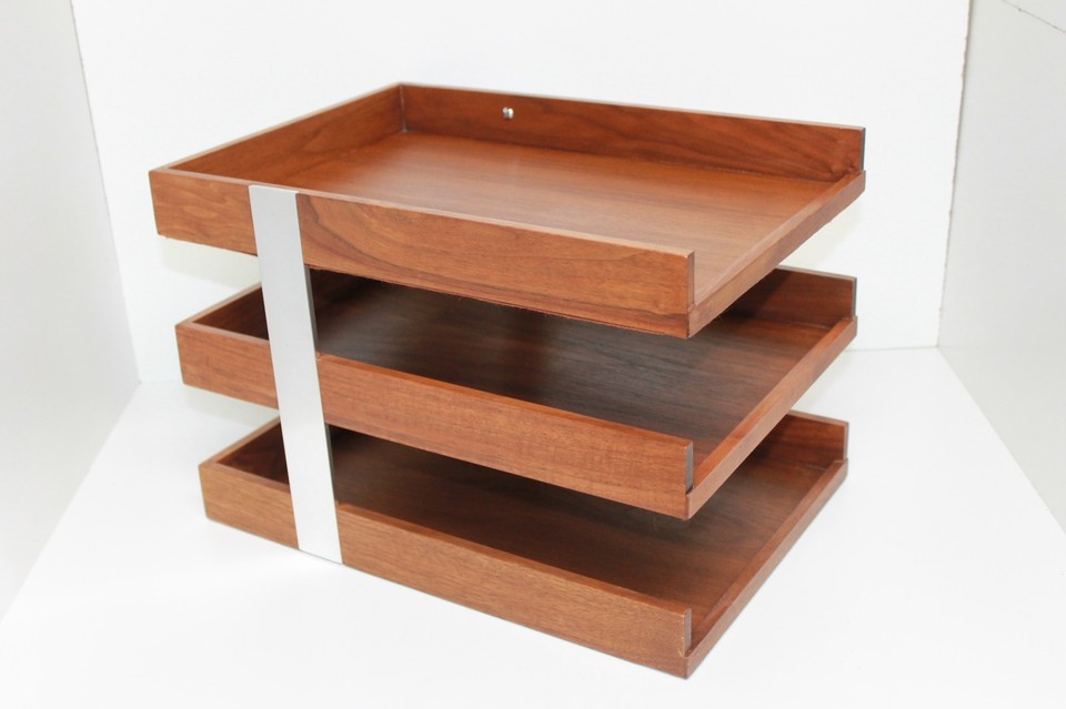 A stunning MCM 3-tier wood-and-metal desk tray that looks like it belongs in a Don Draper office — functional AND a genuine design artifact.