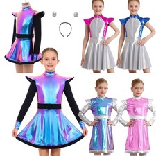 Alien Girls Costume Glossy Long Sleeve Mock Neck Dance Leotard Dress Halloween