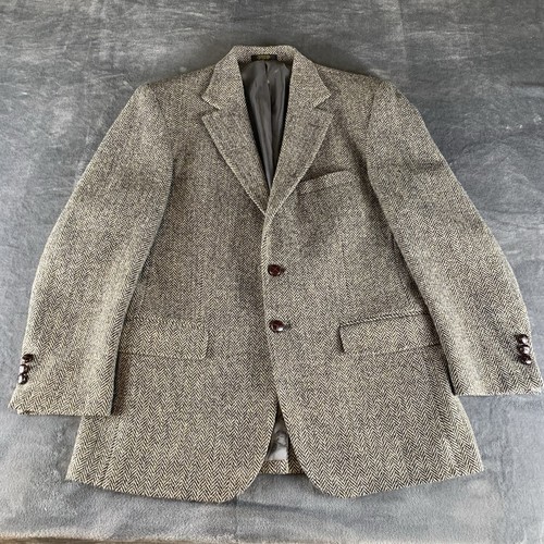 VTG Harris Tweed Wool Blazer Mens 42 R Herringbone Jacket Leather Buttons USA - Picture 6 of 17