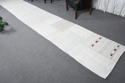 Turkish 3x17,9 ft Rug, Runner Vintage Rug, White Blue Moroccan Rug