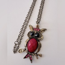Vintage Owl Pendant Necklace w/ Rhinestones