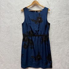 Ann Taylor Loft Sheath Dress Large Navy Blue Floral Lined Keyhole Wedding Guest