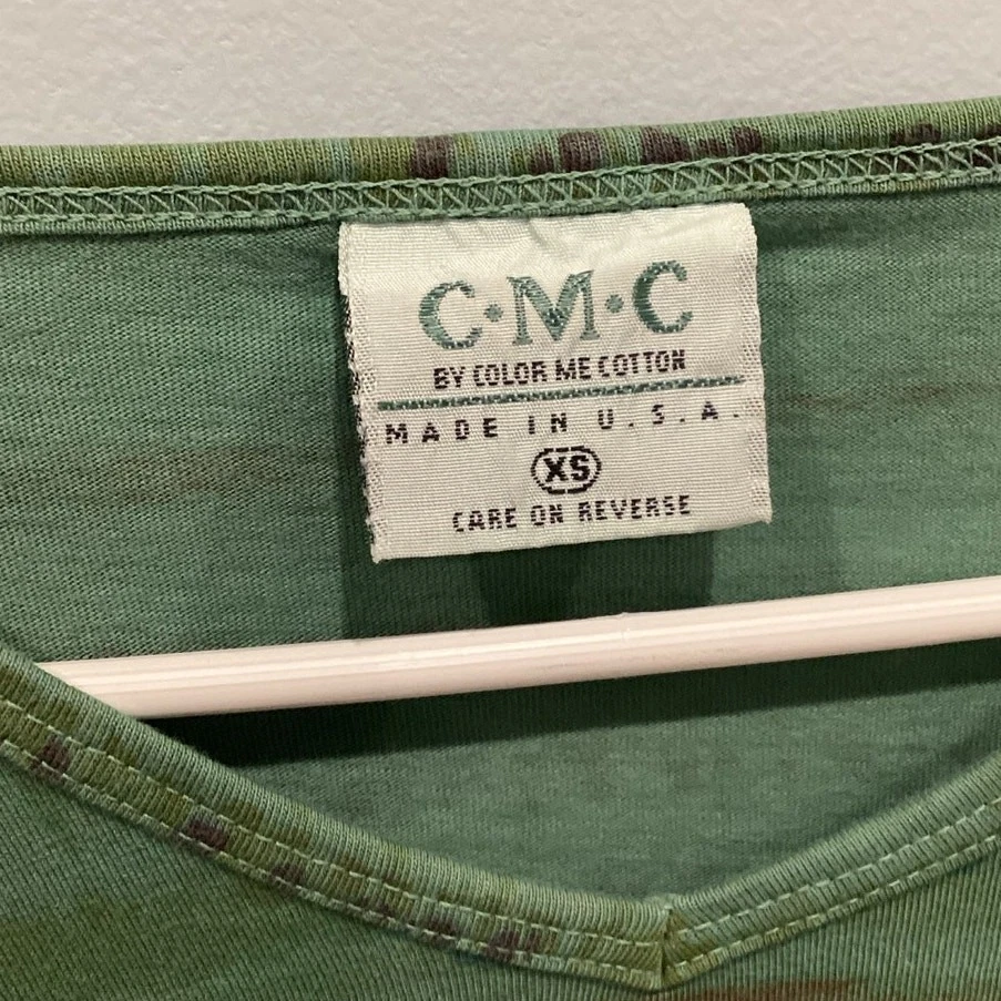 Camiseta túnica CMC para mujer talla XS verde marrón Boho Lagenlook camisa botón algodón artístico Foto 2 de 4