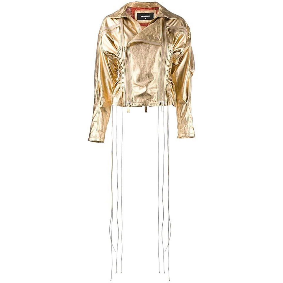 DSQUARED2 Womens Biker Jacket Gold Leather Slim Winter Outwear Zip Ladies Coat - Image 2 of 4
