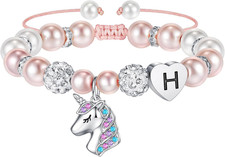 Christmas Gifts for Grandkids Girls - CZ Initial Unicorn Bracelet Adjustable Pin