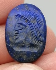 Ancient Lapis Lazuli Intaglio Seal Warrior Head Carved Blue Stone Gem Roman