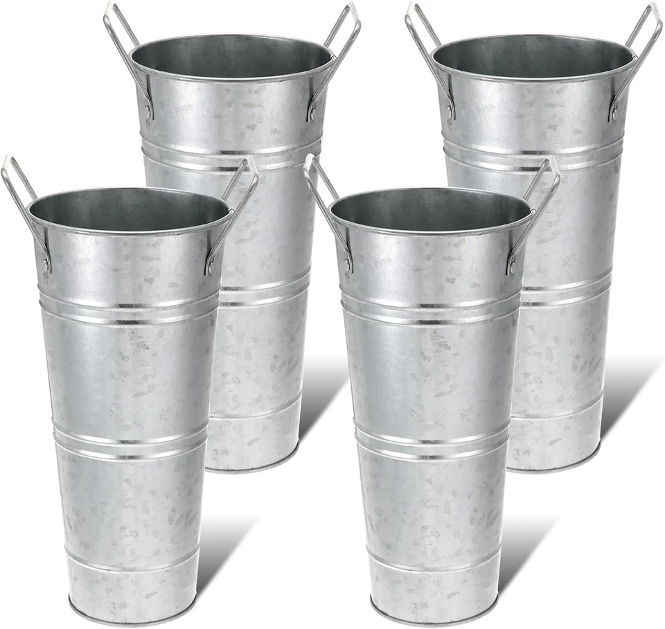 4 Stück 9 Zoll verzinkte Metallvasen mit Griffen, rustikale Bauernhaus Blumeneimer