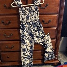 Girls Blue and White Floral Smocked Wide-Leg Jumpsuit, Sleeveless, Square Neck