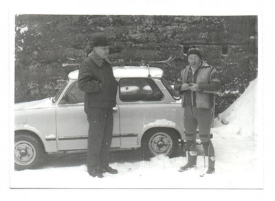 Old Photo Trabant 601 with Skis on the Roof Men in the Snow GDR Vintage