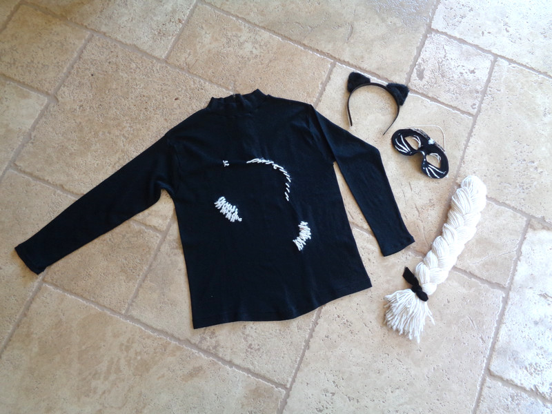 Vtg Kids Halloween Cat Costume Top Tail Headband & Mask One of A Kind Sz Sm/Med