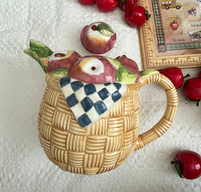 Certified International Ceramic Teapot by Susan Winget Apples Weaved Basket Vtg