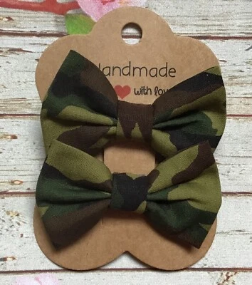 GLAMOUR GIRL ACCESSORIES PACK 2 MINI CAMO CAMOUFLAGE PRINT COTTON FABRIC BOW GIRLS HAIR CLIP GRIP SLIDE
