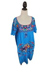 Blue 70s Embroidered Floral Kaftan Hpuse Dress Maxi Colourful