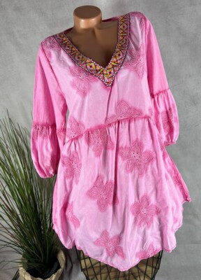 Kleid Tunika Alinie Vneck Stickerei Richelieu BOHO Italy PINKROSA 40 42 44