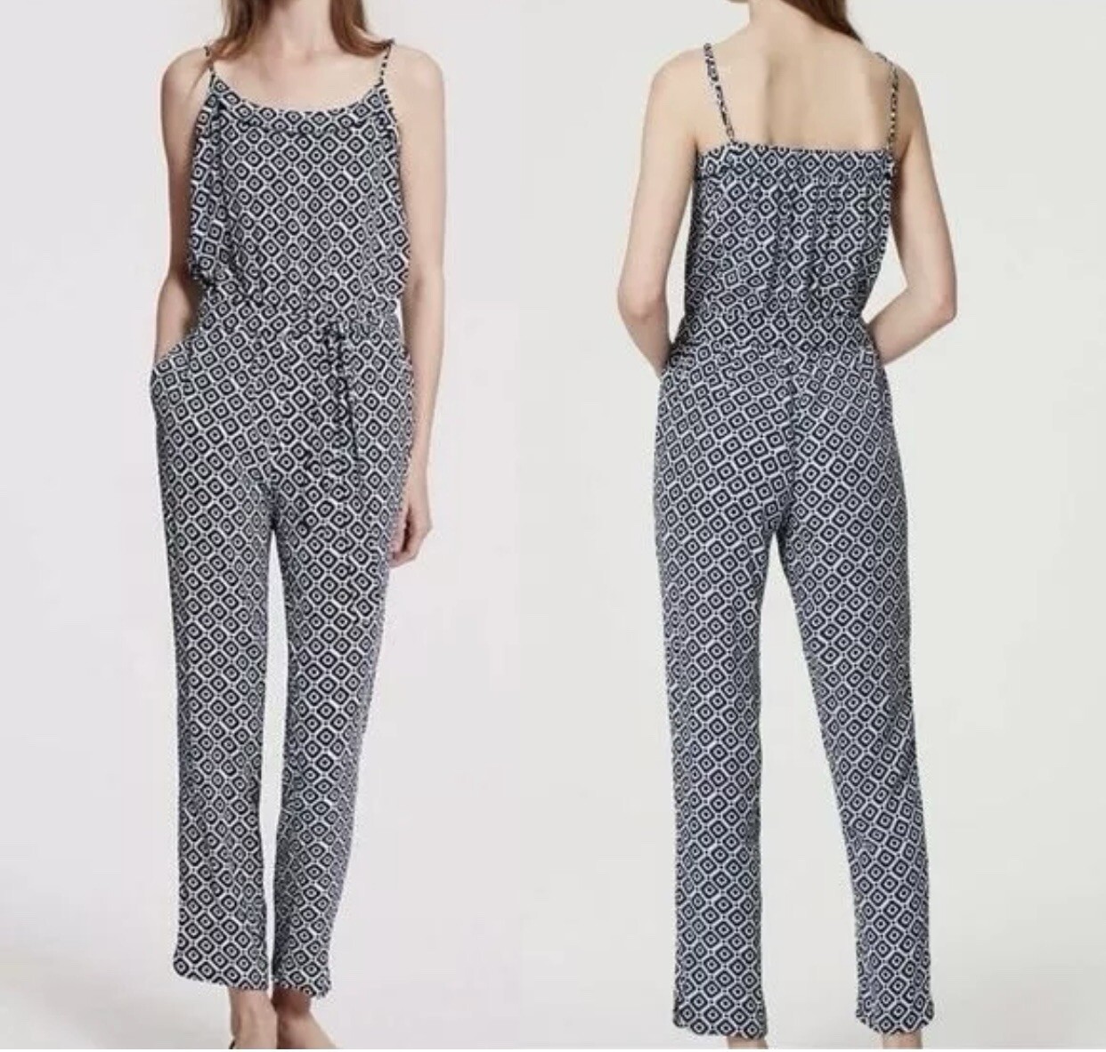 Ann Taylor LOFT Womens Geo Print Jumpsuit Size Small Drawstring Waist $98