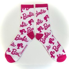 new BARBIE CREW SOCKS white magenta pink ribbed knit spellout script WOMENS OSFM