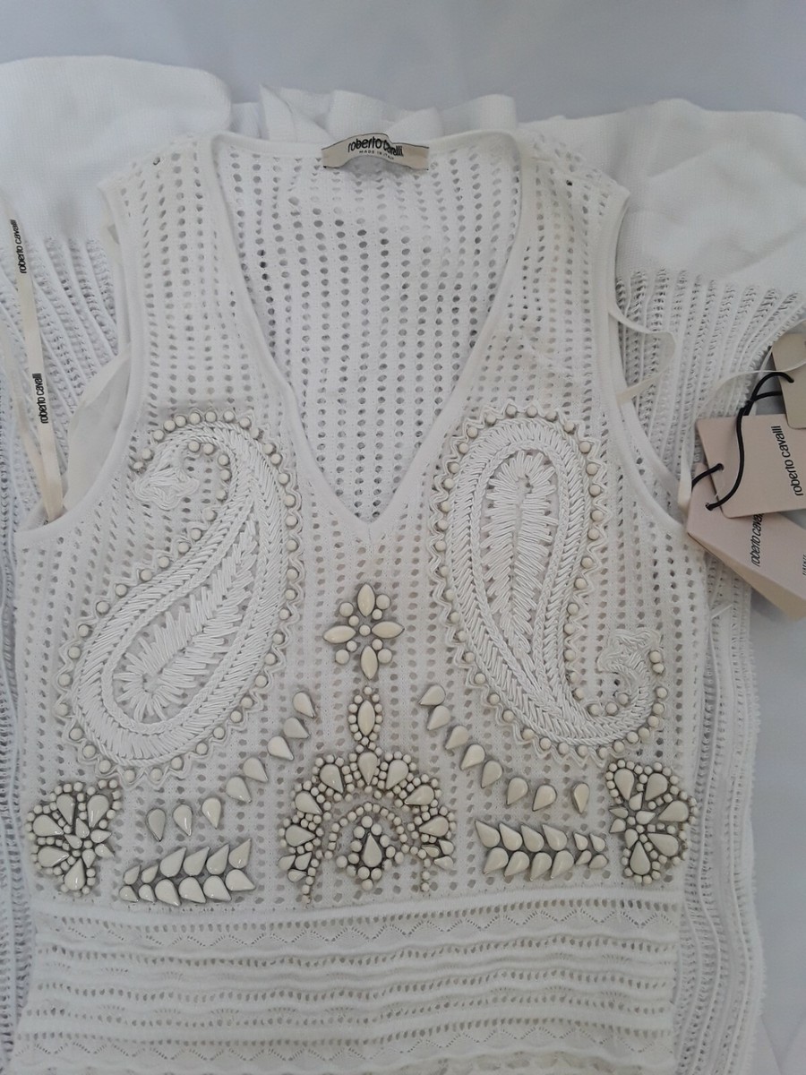 roberto cavalli white crochet dress ROBERTO CAVALLI* White Embellished Crochet Knit Maxi Dress NWT IT 42