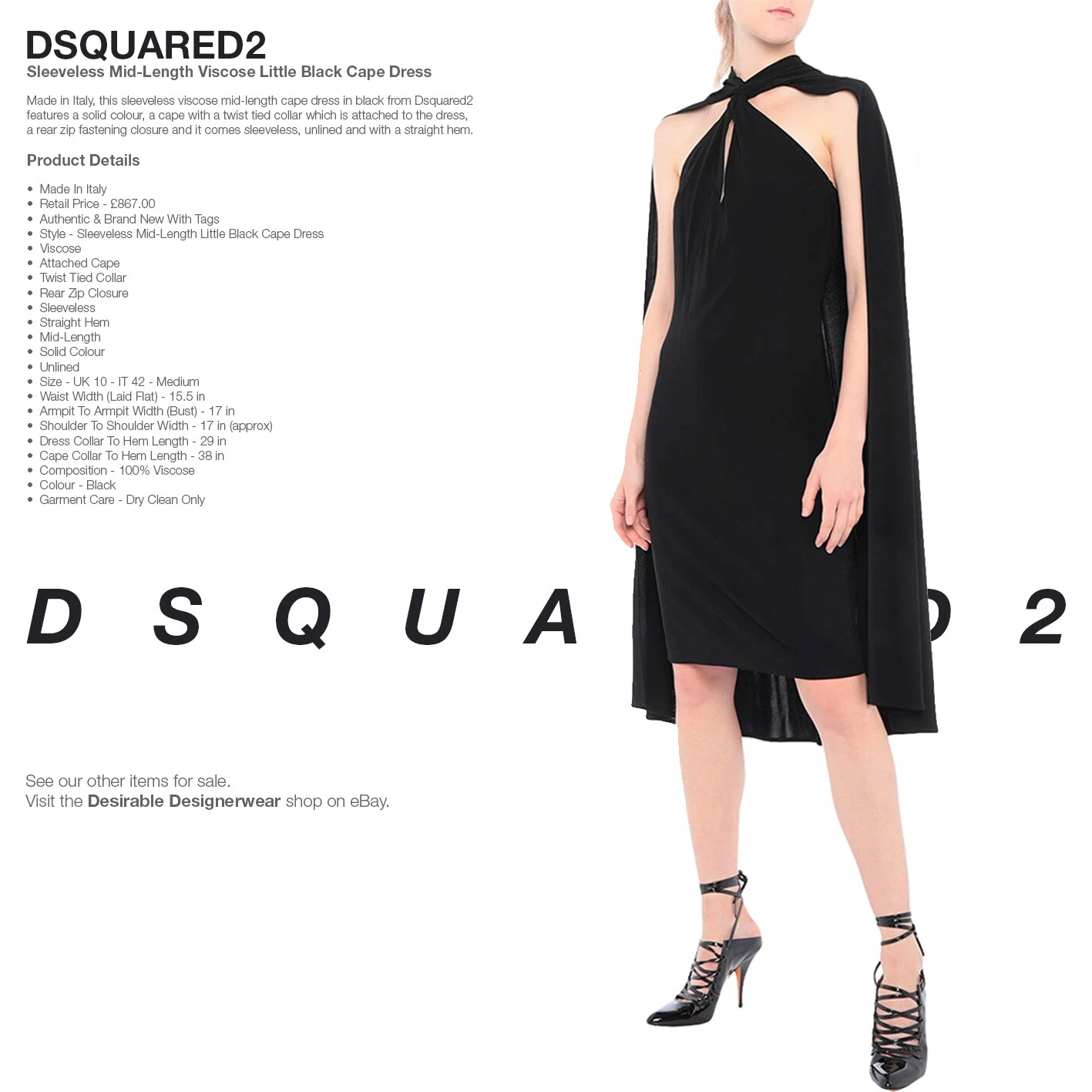 Abito elegante DSQUARED2 nero con mantello scollo a cravatta taglia 42 prezzo di listino £867 00