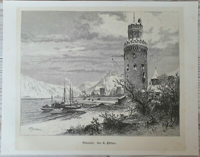 Chromolithographie Sepia Oberwesel Rhein 1886 Bild Kunstdruck Stich Antik