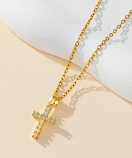 Womens Necklace Cross Pendant 18K Gold Plated Stainless Steel Chain Jewelry Gift