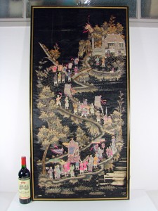 Antique Large Chinese Asian Silk Framed Embroidery Panel Folk Art People