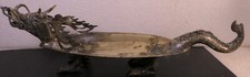ANTIQUE SCULPTURAL ASIAN CHINESE BRASS FOOTED DRAGON CENTERPIECE SERVING TRAY