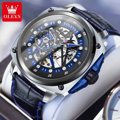 Waterproof Automatic Mechanical Watch OLEVS Leather Strap Men Luxury Skeleton