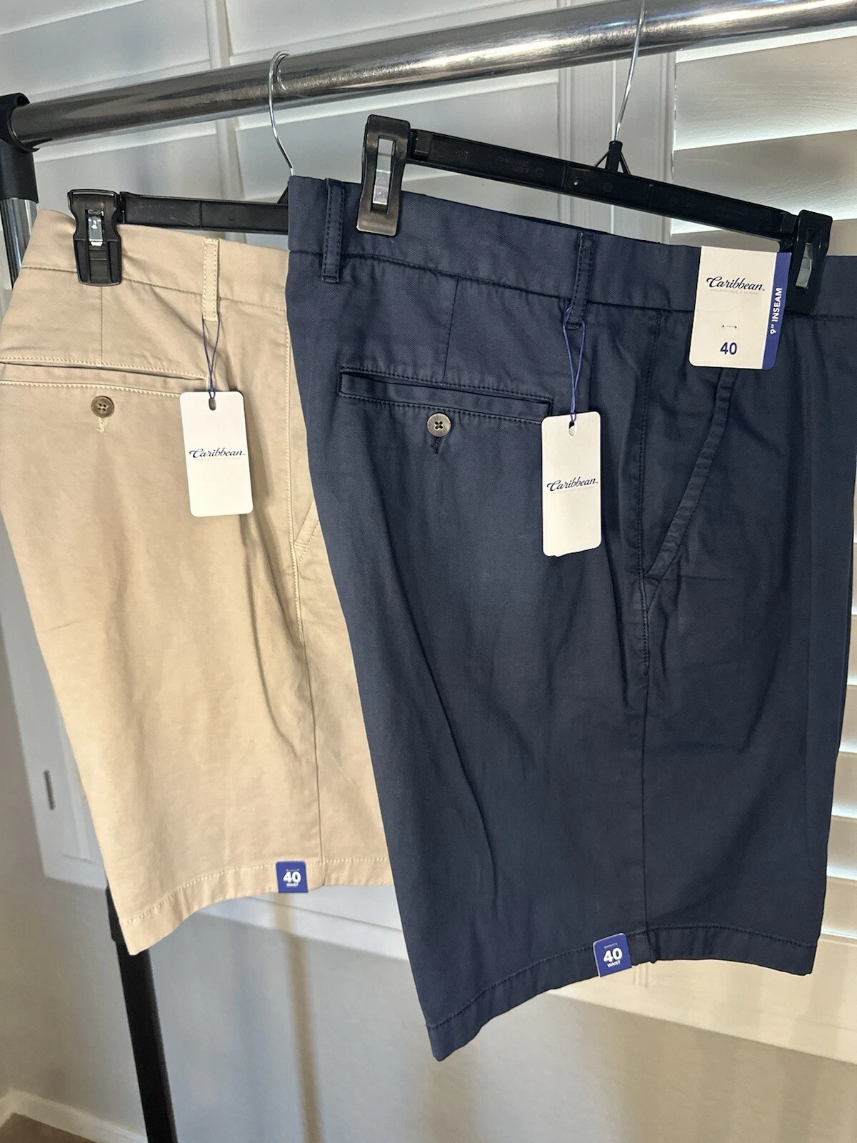 NWT Caribbean Men’s Khaki & Blue Color Chino Shorts Size 40 Inseam 9in MSRP $69