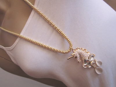Damen Hals Kette Modekette lang XL Strass Einhorn Unicorn Gold Bling Bling