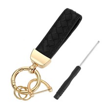 Leather Car Keychain, 5" Key Chain with D Ring and Gold Key Ring, Black