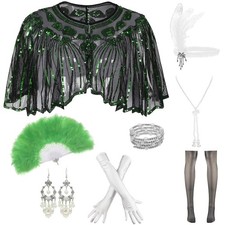 1920s Shawl Sequin Beaded Cape Bolero Flapper Cover Up w/ 20s Accessories Set