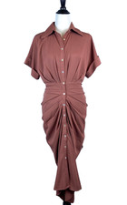 Bohme Midi Dress Womens XS Rust Button Up Ruched Tie Waist Short Sleeve Pleated