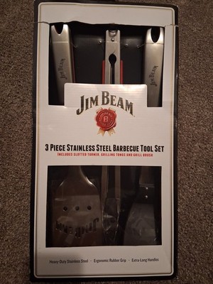 Jim Beam 3 Pc Stainless Steel BBQ Grill Tool Set JB0160 Spatula Tongs Brush NIB