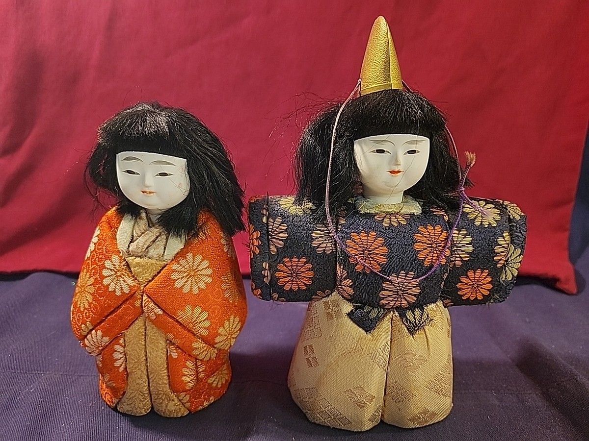Vtg Pair of Japanese Hina Dolls Ornamental Kimekomi Wood Fabric