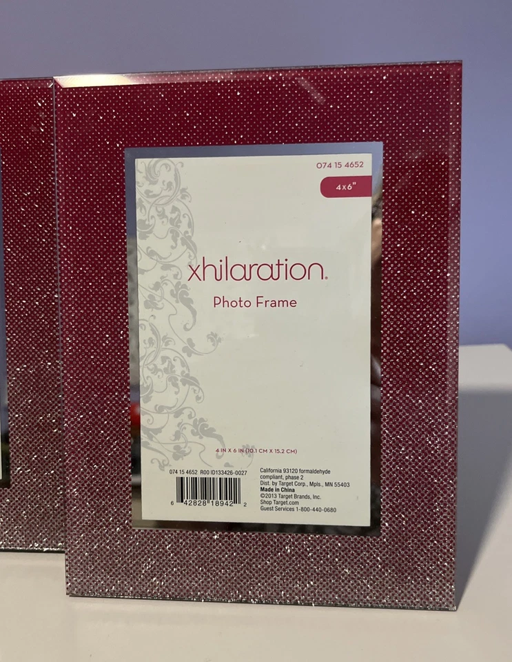 Par de marcos de fotos de vidrio brillante rosa fucsia plateado 4" x 6" para fotos Foto 3 de 4
