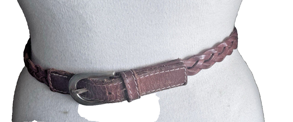 Vintage Tan Leather Plaited Belt - Gold Hardware - Size Medium
