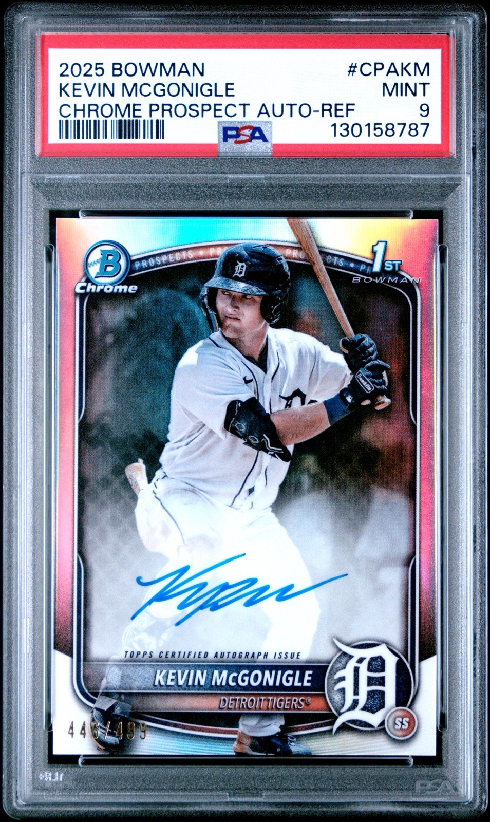 2025 KEVIN McGONIGLE /499 Refractor AUTO Bowman Chrome 1st PSA 9 Tigers